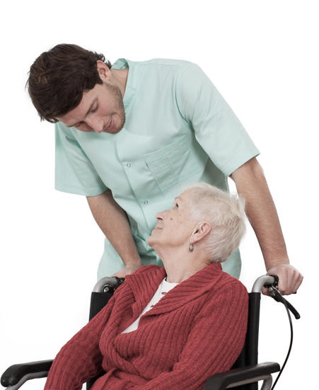caregiver and elderly woman in wheelchair